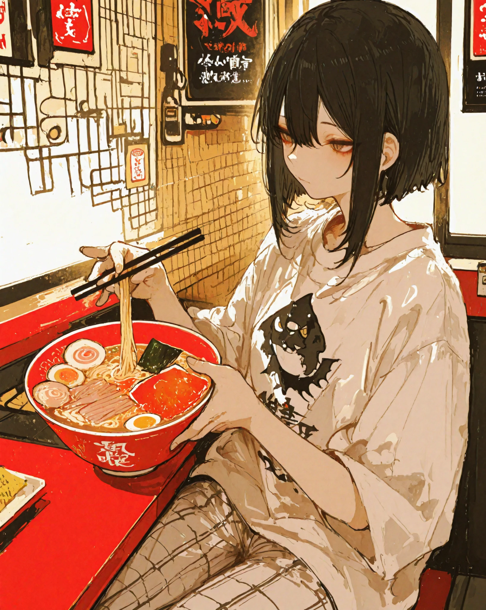 A young woman with long black hair sitting at the counter of a ramen shop. She has bangs and is wearing a loose-fitting white oversized T-shirt paired with flashy, dark-patterned pants. Her posture is relaxed as she holds chopsticks, gazing at the camera over her shoulder with a languid expression and focused eyes. Her smooth, fair skin complements the anime-style aesthetic. The setting is indoors, in an old-fashioned ramen shop filled with manga on the shelves, a TV showing a baseball game, a red counter, warm lighting, and a cozy casual atmosphere. The illustration is presented in full color, inspired by Mamoru Hosoda’s 90s anime aesthetic, Killian Eng, Moebius, and Tom Wesselmann. It features detailed 2D art painted with gouache, creating a vibrant yet subdued watercolor poster-style image.
