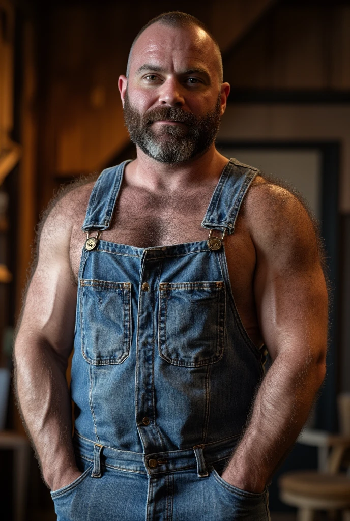 white man with red hair and beard, he is naked, he is dirty with grease, he is in a mechanic shop with old cars in the background
