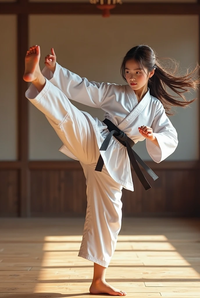 taekwondo 10 year old girl kicking green belt