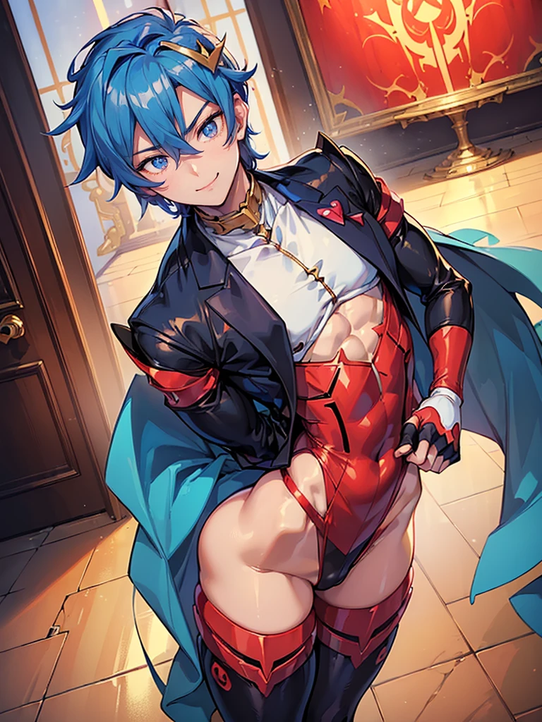 absurdres, highres, ultra detailed, HDR, master piece, best quality, Edmond, light-blue hair, expressive blue eyes, Nu Carnival, solo, sexy man, handsome, horny, lewd, demon, horns, black leather clothes, red cape, accessories, showing the chest, red sky, red moon, red trees, red spider lilies, fantasy, dark magic, magical
