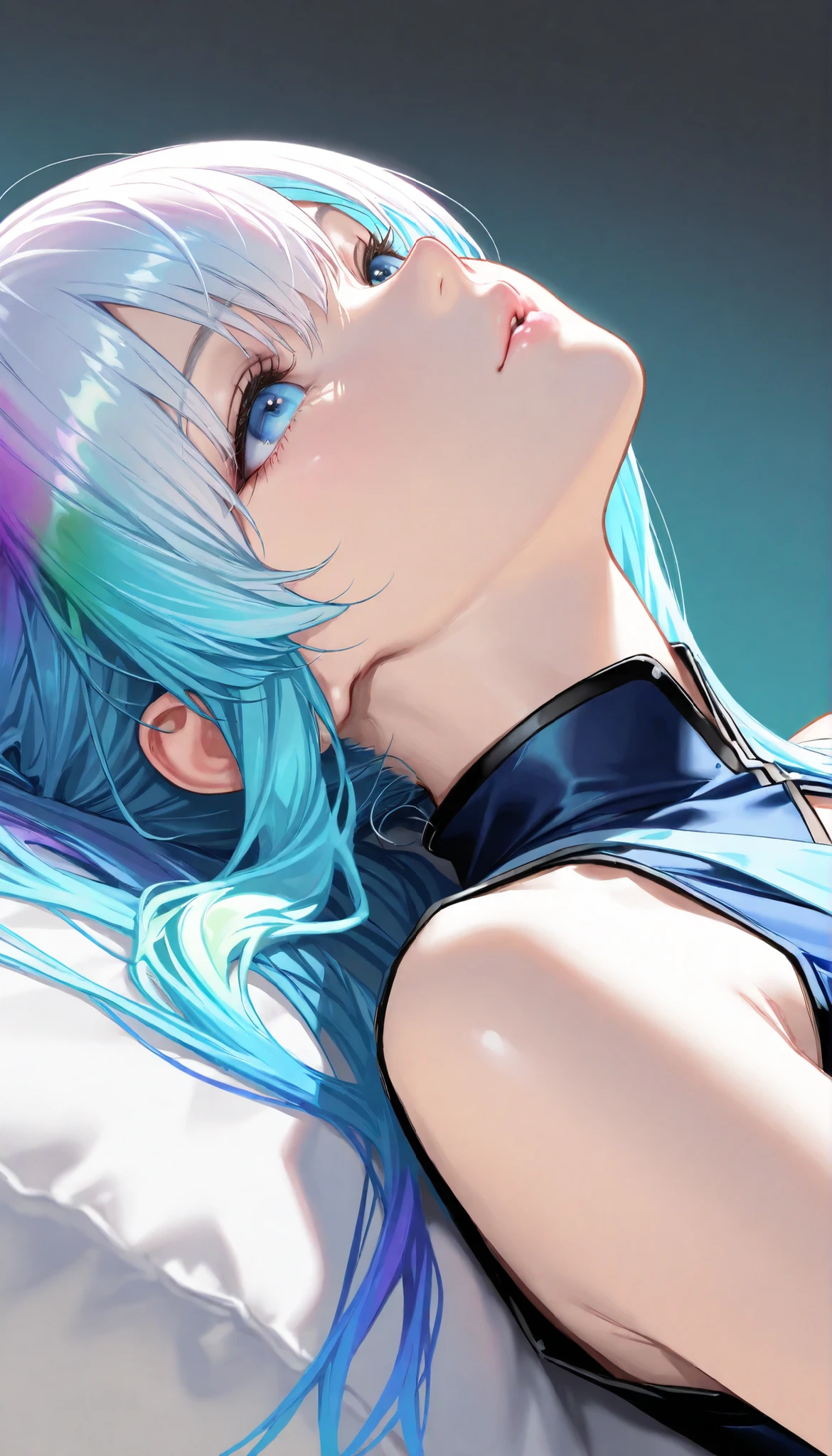 Best Quality,realistic , sketch , one girl on her back,  Shining Blue Eyes ,glossy lips,  無地のobject, turquoise gradient background, neon hair, textured crop , , (masterpiece,Best Quality,rainbow style)、object、WHITE COLOR