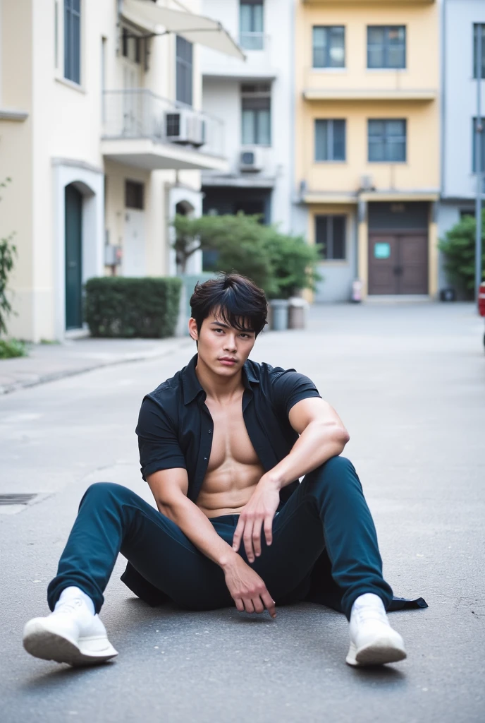 Professional photography, masterpiece, full body, handsome 22 year old Indonesian man, confident, charming, faint smile, short trendy red black blonde hair, wearing a killer cosplayer parka jacket, with several necklaces, long black ripped jeans at the knee, interesting pose , located on top of an old Italian building, dramatic lighting, lens flare, shimmer effects, resembles a Sony 7000D photo, very realistic, high definition with added rain or fog elements