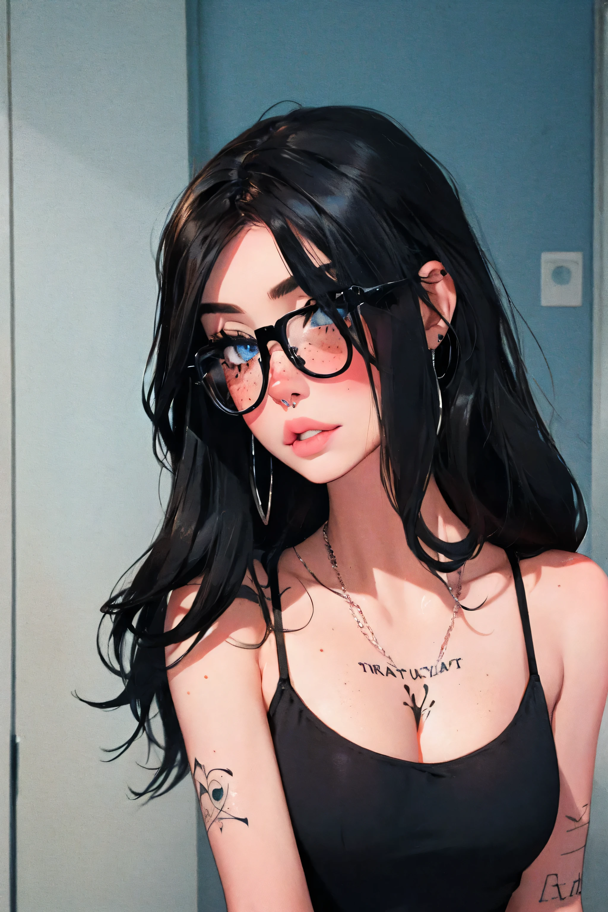 24 year old girl, influencer, model, beautiful, mascara, nose blush, freckles,  tube top, piercings, tattoos, slender, slim, black hair, emo, witch, blue eyes, round glasses