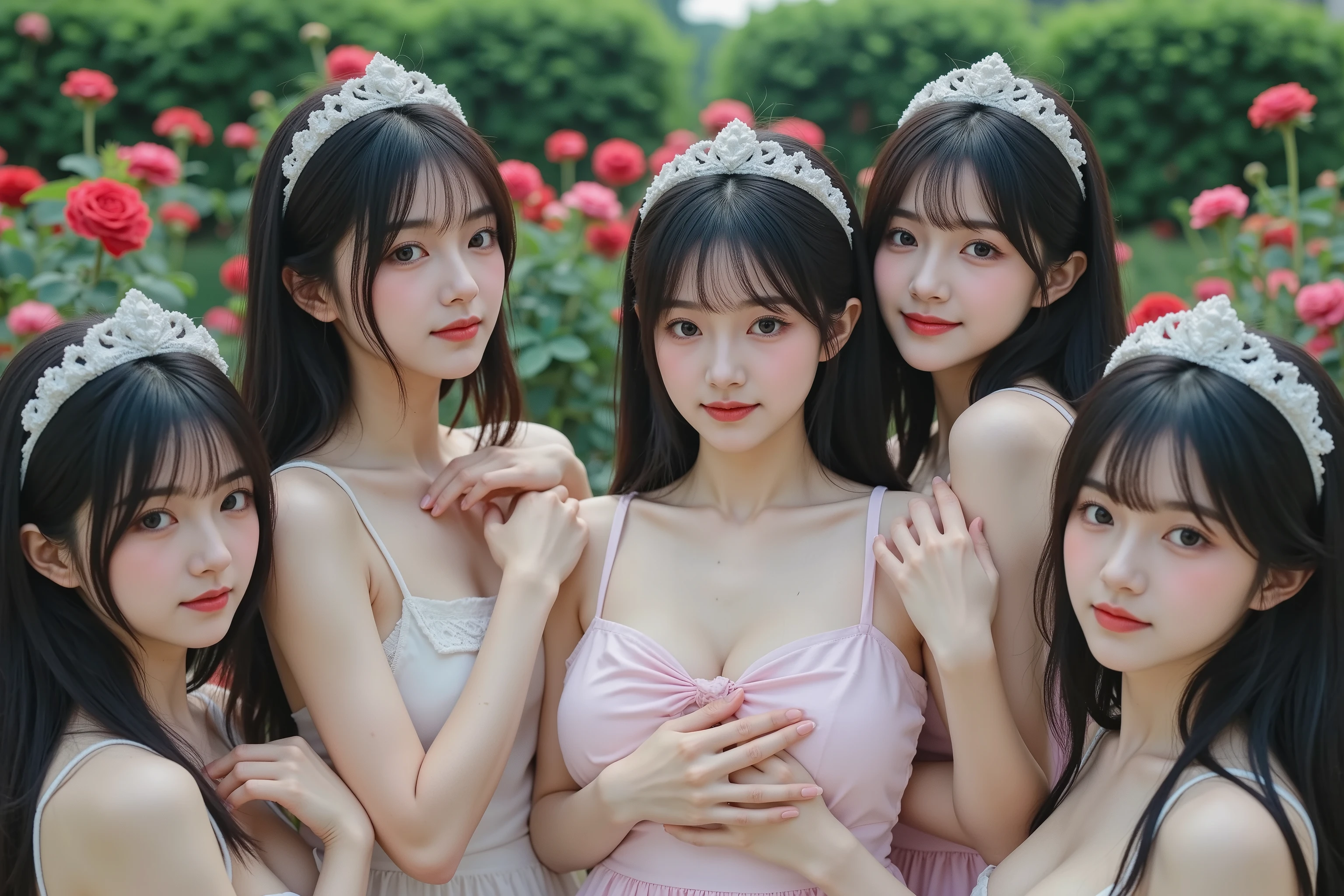 (((Myself = Japanese Beautiful Super Cloning multiply girls))), (Super Best masterpiece, Raw Photography Art, 16K, 最高画質, 超高解像度), ((西洋建築の宮殿, バラ庭園, 広大な緑地帯)), (((((Myself OnlyのCloning girlsが群衆で蠢く描写, Many of us are clones of girls同士溺愛で抱擁イチャイチャする, 超濃密レズビアンな熱愛関係))))), ((小顔, 黒髪, セミロングヘアー, グラビアアイドル, とてもカワイイ笑顔, 22yo)), (((西欧系メイド衣装))), ((とても美しく詳細に正確な女体の動き, とても正確で違和感ない手足の動き, 超巨乳, 凄い胸の谷間強調)), (とても詳細で正確な1点透視図法描写, 超広角視界, Super wide top view, ど真ん中被写体要らない)
