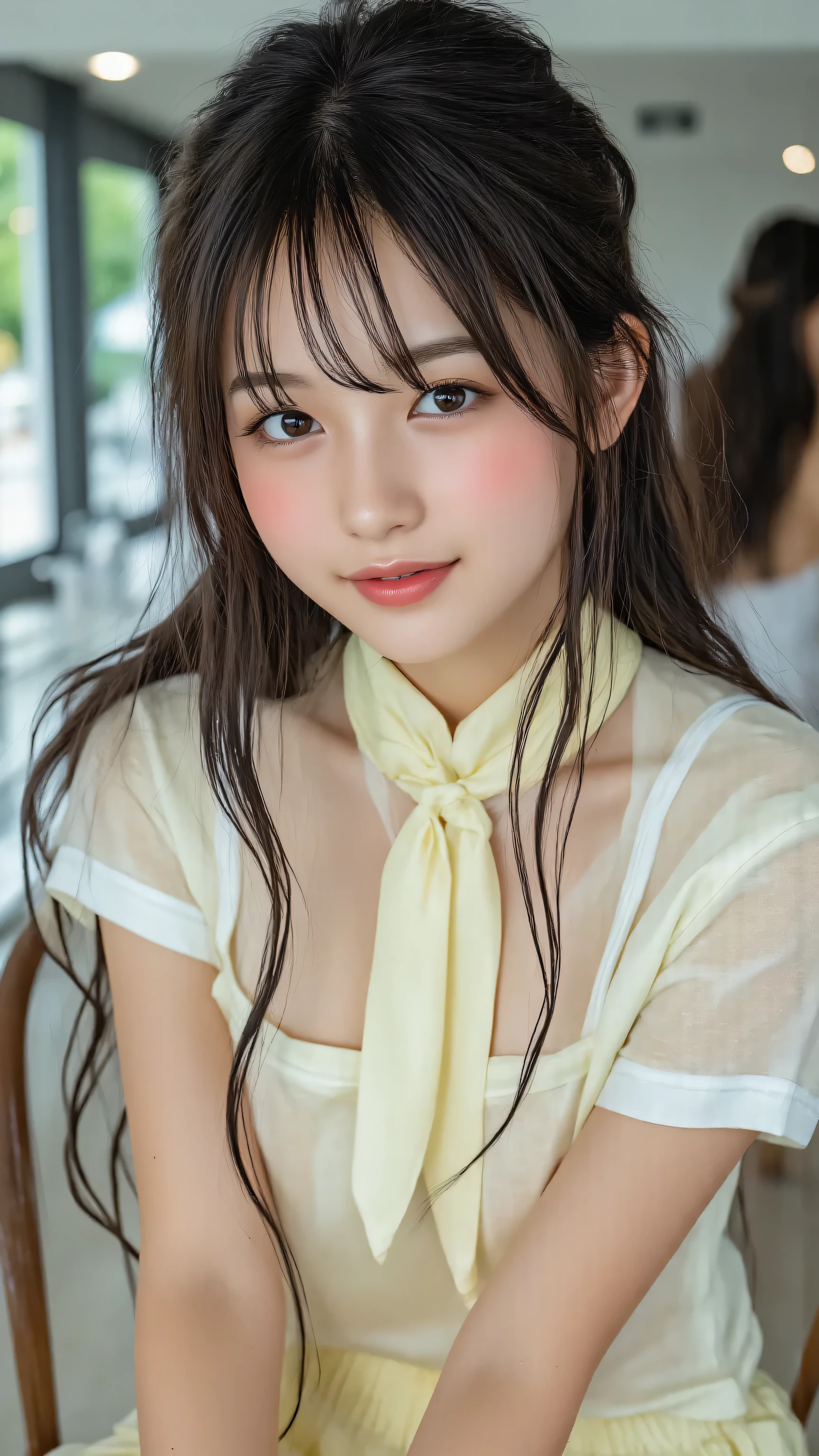 pastel yellow short sleeve uniform and white details、detailed portrait of a young woman wearing a coordinated ribbon tie around the neck. Her long dark hair flows naturally、looks directly at her as she sits confidently. The background is softly lit, Emphasize reflective surfaces and clean lines、shows off an indoor environment expressing simplicity and elegance.