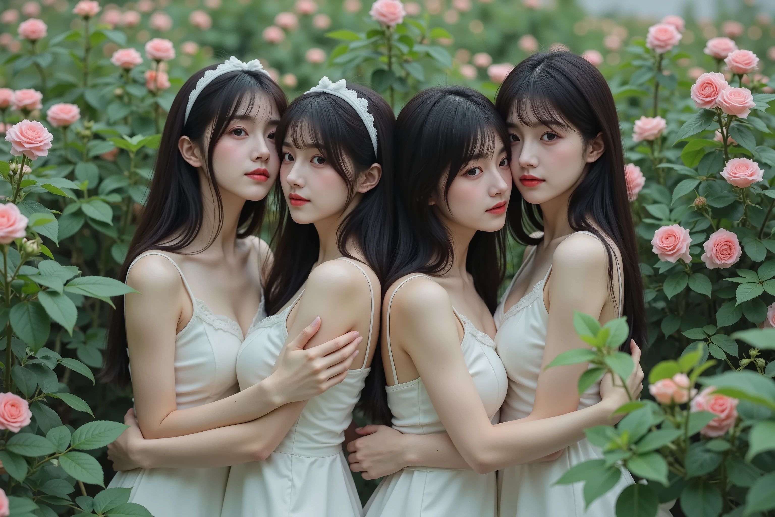 (((Myself = Japanese Beautiful Super Cloning multiply girls))), (Super Best masterpiece, Raw Photography Art, 16K, 最高画質, 超高解像度), ((西洋建築の宮殿, バラ庭園, 広大な緑地帯)), (((((Myself OnlyのCloning girlsが群衆で蠢く描写, Many of us are clones of girls同士溺愛で抱擁イチャイチャする, 超濃密レズビアンな熱愛関係))))), ((小顔, 黒髪, セミロングヘアー, グラビアアイドル, とてもカワイイ笑顔, 22yo)), (((西欧系メイド衣装))), ((とても美しく詳細に正確な女体の動き, とても正確で違和感ない手足の動き, 超巨乳, 凄い胸の谷間強調)), (とても詳細で正確な1点透視図法描写, 超広角視界, Super wide top view, ど真ん中被写体要らない)