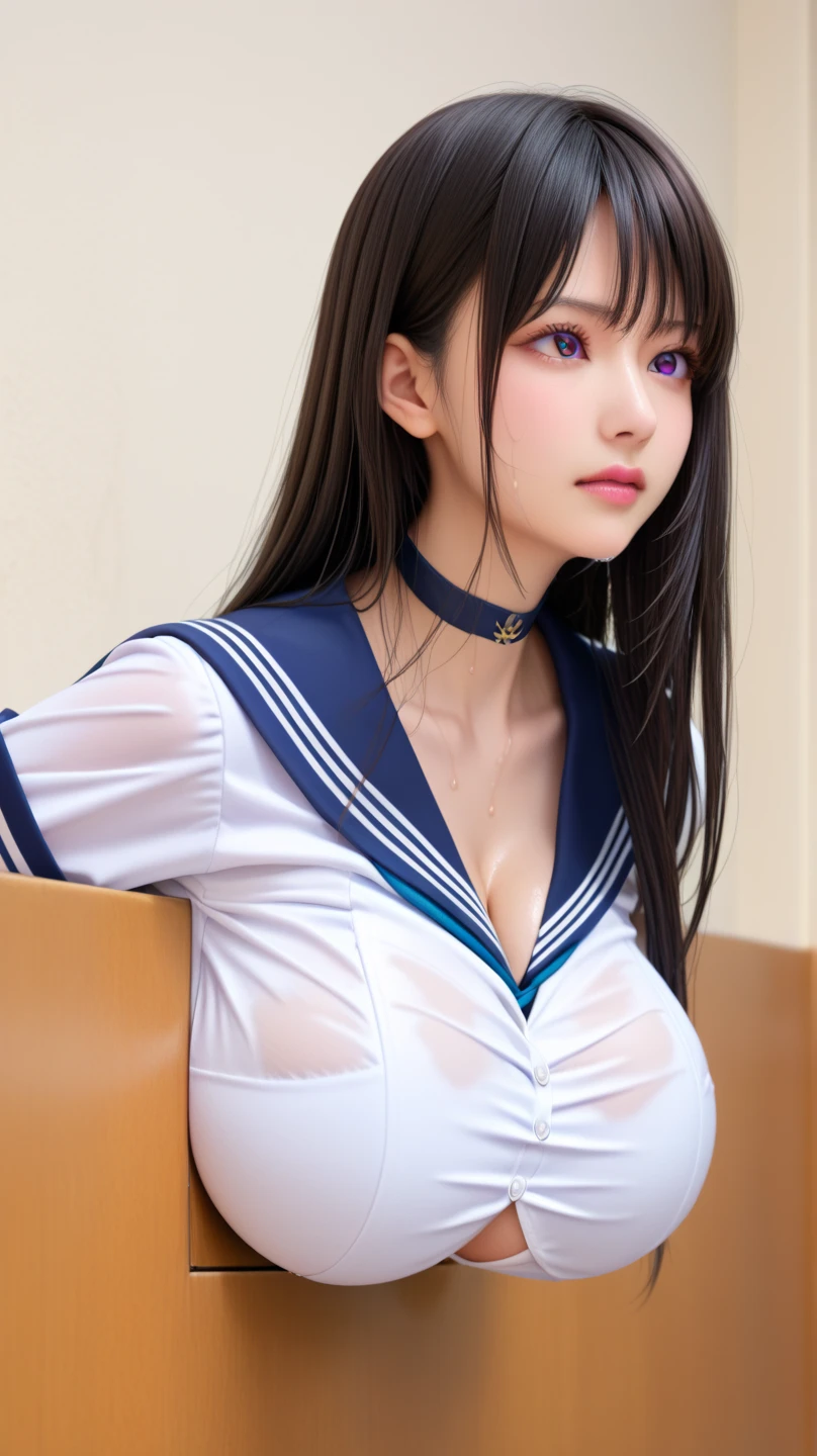 ulzzang-6500-v1.1, (Raw foto:1.2), (Photorealsitic), a beautiful detailed girl, extremely detailed eye and face, beatiful detailed eyes, huge filesize, (huge tit), hight resolution, ighly detailed, top-quality, [​masterpiece:1.6], [JK school uniform], illustratio, ighly detailed, CG, finely detail, top-quality, Highly detailed CG uniform 8k wallpaper, Cinematographic lighting, 1girl in、、Cute Japan high school girl、perfect body type、[Unbuttoning a white school blouse、Bra visible]、large, taut chest、[huge-breasted、heavy breasts、H-cup:1.9]、Cute droopy eyes、Beautiful big eyes、no-bra、Sweating and getting wet、[sexual excitement:1.1]、[lyin in bed:1.5]、Raise both hands、School uniform ribbon around neck、A slight smil、(the whole body is wet)、Shining eyes、large full breasts、huge tit、爆乳、Put your head on the pillow、stomach、Button Open、are visible