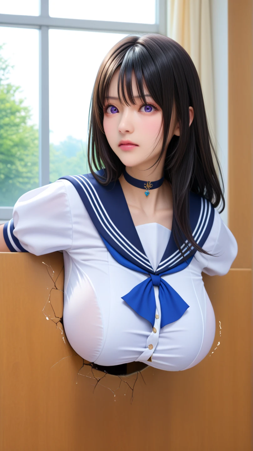 (highest quality), (((masterpiece))), (2 girls), Black Hair, The inside color is blue, (Beautiful Blue Eyes), (Perfect Eyes), ((A proper sailor uniform)), classroom, ((Huge breasts)), ((A clean navy blue skirt)), mini skirt, (Neat sailor ribbon), ((Perfect Fingers)), (Perfect Anatomy), Blushing、sexy look、Expressions of ecstasy、Have an orgasm、The climax、Second dimension beautiful girl
