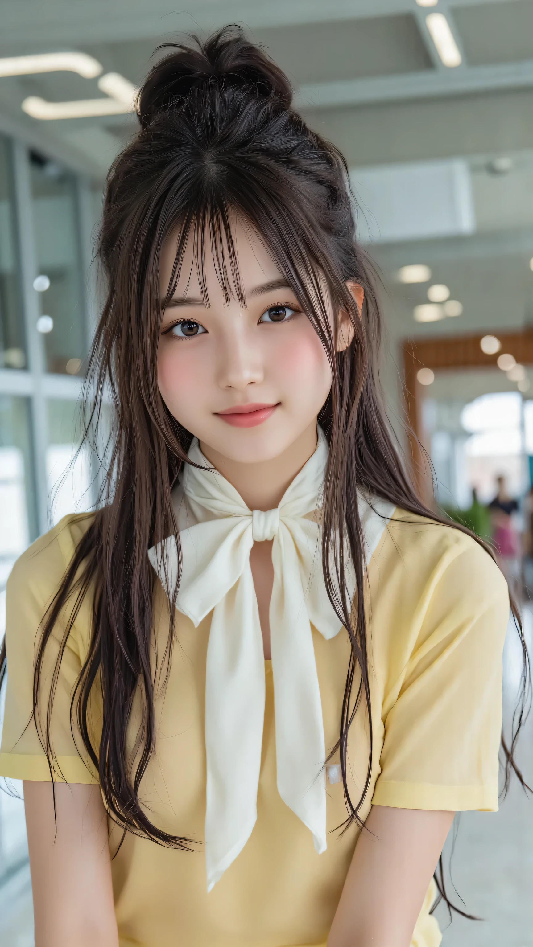 pastel yellow short sleeve uniform and white details、detailed portrait of a young woman wearing a coordinated ribbon tie around the neck. Her long dark hair flows naturally、looks directly at her as she sits confidently. The background is softly lit, Emphasize reflective surfaces and clean lines、shows off an indoor environment expressing simplicity and elegance.