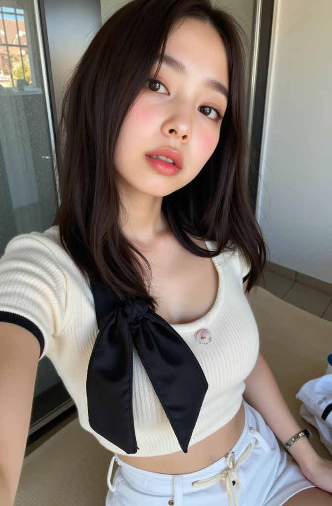 ollarbone,pastel colors t-shirt,off-shoulder look,bare shoulder,midriff peek,string panties,open mouth,(tongue out:2),lying,Selfie,looking ahead,from above,front view,cowboy shot,(1girl,Beautiful 14 year old girl),((Slender,Small breasts,Small face,)),looking at viewer,Black Hair,bangs,one side up,Beautiful and detailed,Mischievous smile,Dimly lit room,Simple Background,bed,pillow,best quality