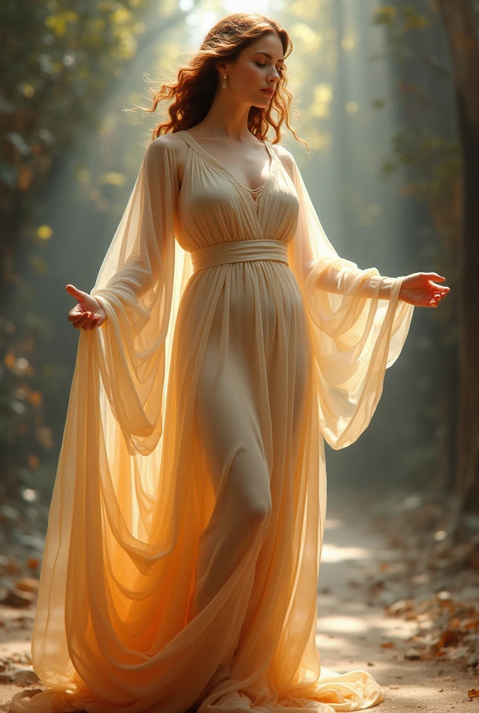 painting in transparent clothes in the style of Raphael , A big beautiful white woman is wearing a bright dress.