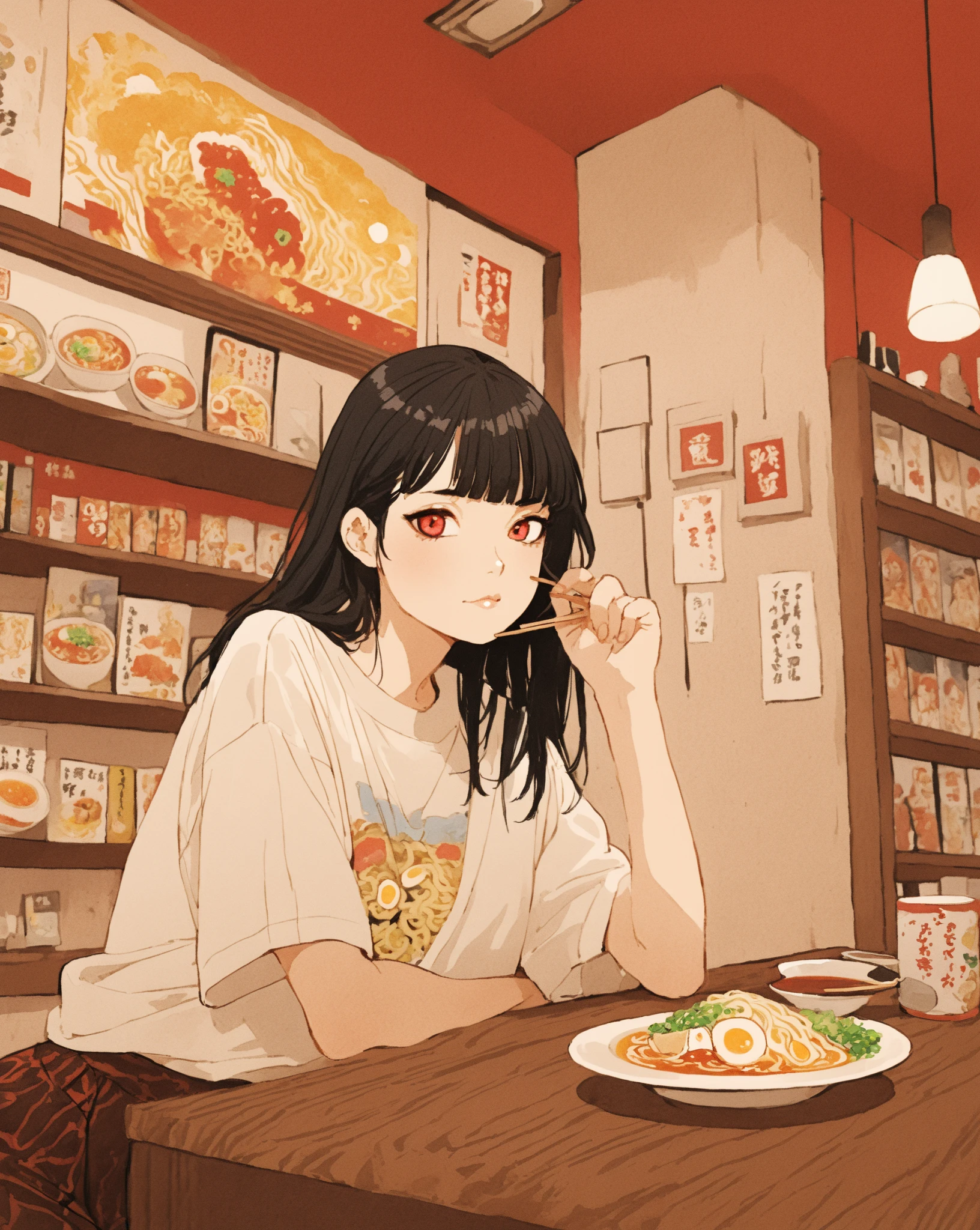 A young woman with long black hair sitting at the counter of a ramen shop. She has bangs and is wearing a loose-fitting white oversized T-shirt paired with flashy, dark-patterned pants. Her posture is relaxed as she holds chopsticks, gazing at the camera over her shoulder with a languid expression and focused eyes. Her smooth, fair skin complements the anime-style aesthetic. The setting is indoors, in an old-fashioned ramen shop filled with manga on the shelves, a TV showing a baseball game, a red counter, warm lighting, and a cozy casual atmosphere. The illustration is presented in full color, inspired by Mamoru Hosoda’s 90s anime aesthetic, Killian Eng, Moebius, and Tom Wesselmann. It features detailed 2D art painted with gouache, creating a vibrant yet subdued watercolor poster-style image.