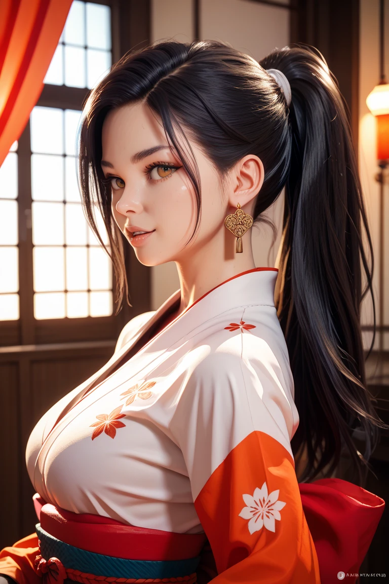 red eyes, (highest quality, masterpiece painting:1.3), immature woman, , (half body shot), masterpiece, ultra high resolution, (Photoreal:1.0), ponytail, straight hair, beautiful shining hair, white and shining skin, ((Ultra realistic details)), octane rendering, highly detailed face, (big breasts:0.8),(sexy and cute cheongsam,red and white contrast outfit,delicate decoration:1.2), open neckline, (necklace:1.0),cleavage, perfect body, soft skin, anime face, perfect face, perfect eyes, looking at the viewer, smart, Under autumn leaves tree background, Autumn leaf petals are falling, outdoors,shrine, sharp focus, intricate details, professional artwork, (bright colors:1.1), bright colors, diffused lighting, digital blending, ultra-definition body, ultra detail hair, super detailed face, that'It's trending on pixiv, top button open, Cute gaze, compensate, perfect lips, perfect compensate, Ultra-precision coating, (light_smile:0.8), (Very embarrassed:1.2), blush your nose,