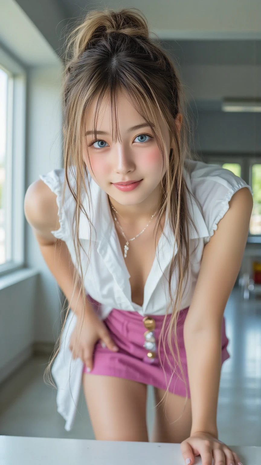Highest quality, masterpiece, Ultra-high resolution,8K, (Realistic:1.6), (Make-up portrait:1.4) RAW Photos,((Platinum blonde short hair with side parting)), ((loose socks)),Soft looking breasts,((Jet black blue mini skirt fashion)),((Up Facial)),((k-popアイドルメイク)),One girl,(smile, Showing teeth)), 26 talents,,((Looking up at the audience)),Face Focus:1.4,((Shooting from above with a fisheye lens:1.4)),