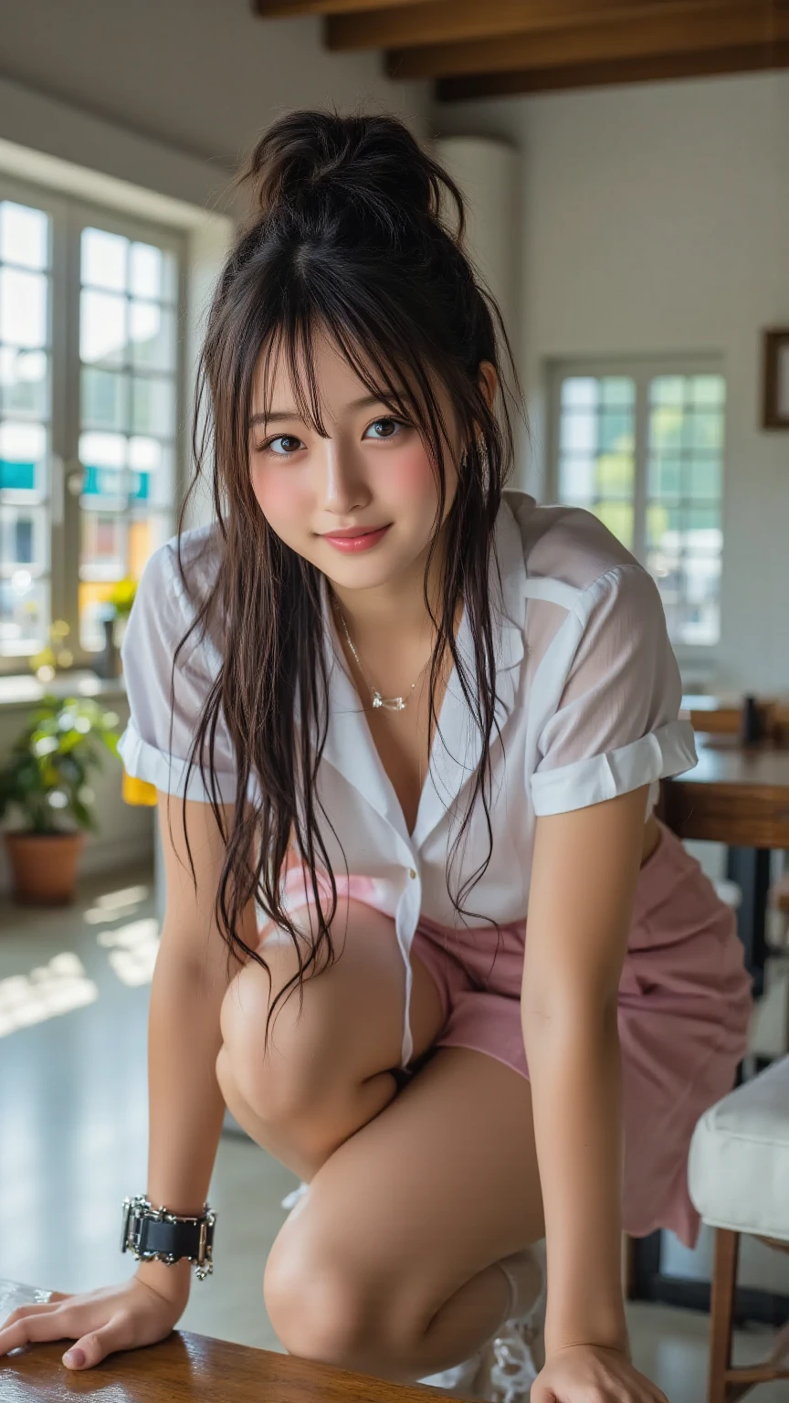 ((highest quality、muste piece、High resolution)、(((Zoom photo from the front:1.95、cute smile:2.5、semen:1.9、semen、wet body:1.9、Bukkake:1.9、wet hair:1.9、big breasts、high school girl、high 、shirt、skirt、black knee high socks、open legs、sit at desk、inside the classroom、medium hair、trimmed bangs)))