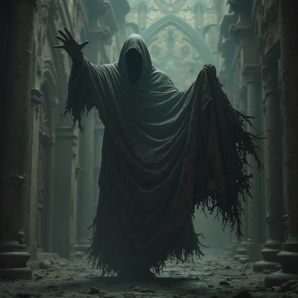 The image of a black object turning an old robe upside down