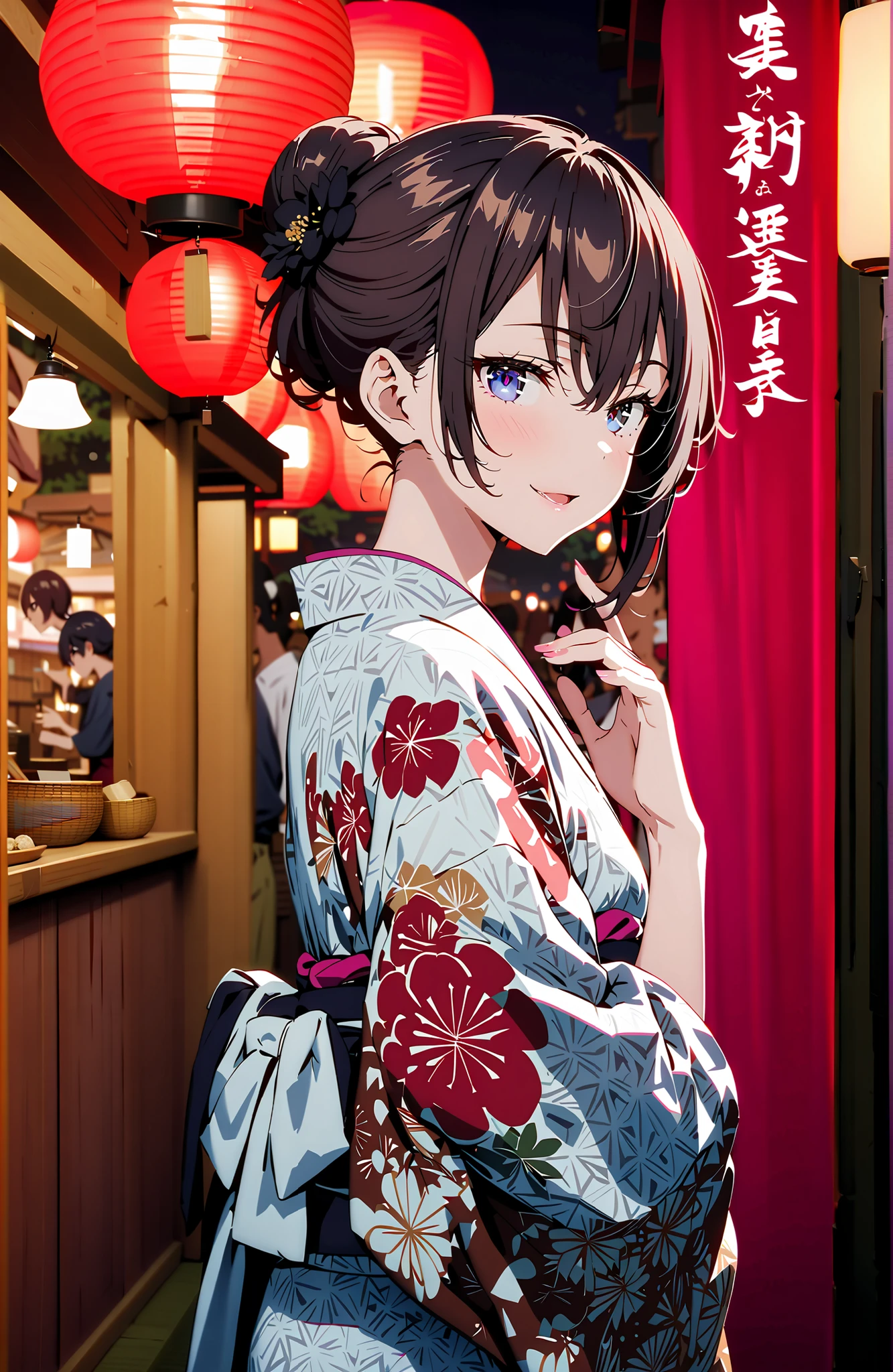yuki suou, bungs, brown hair, black hair with a young pattern,side lock, smile,cover,open your mouth,single bun hair,Nape, o, purple eyes,flower hair ornament,Black flower pattern kimono,Light up fireworks,Japanese stalls ,night,Red Lantern,standing,full bodyがイラストに入るように,break outdoors, Japanese Festival,
break looking at viewer,full body,
break (masterpiece:1.2),Best Quality ,Kampala,unity 8k 壁紙,(shape:0.8),( fine and beautiful eyes :1.6),It's a person ,full body写真,CG Details , (perfect hand,complete anatomy),