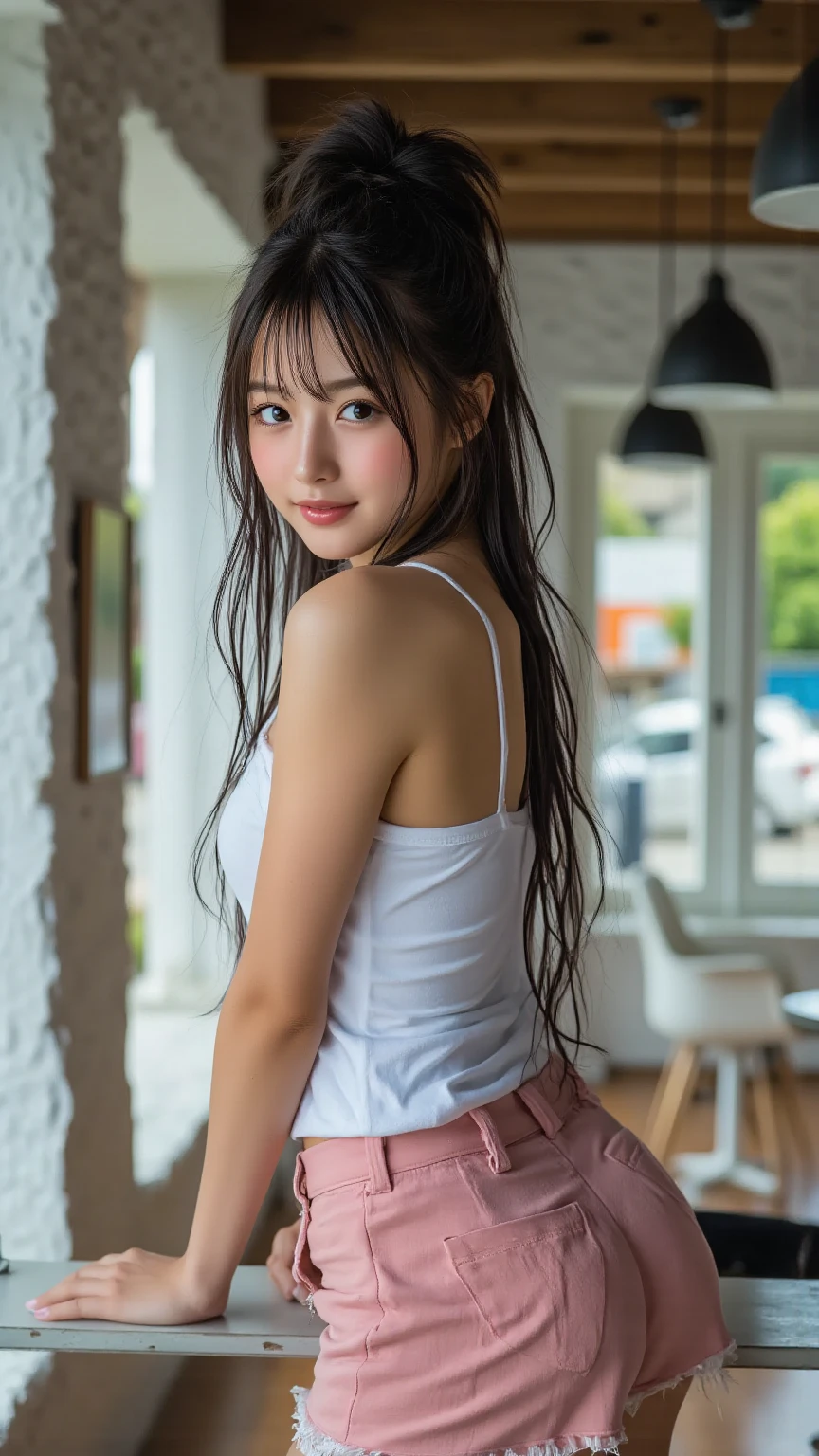 best quality, ultra high res, (photorealistic:1.4), <lora:liuyouqi:0.6>, 1girl, underwear, warm_color, full body, (smile:0.4), pigtail, brown hair, bangs, busy street, cowboy shot, upper body,