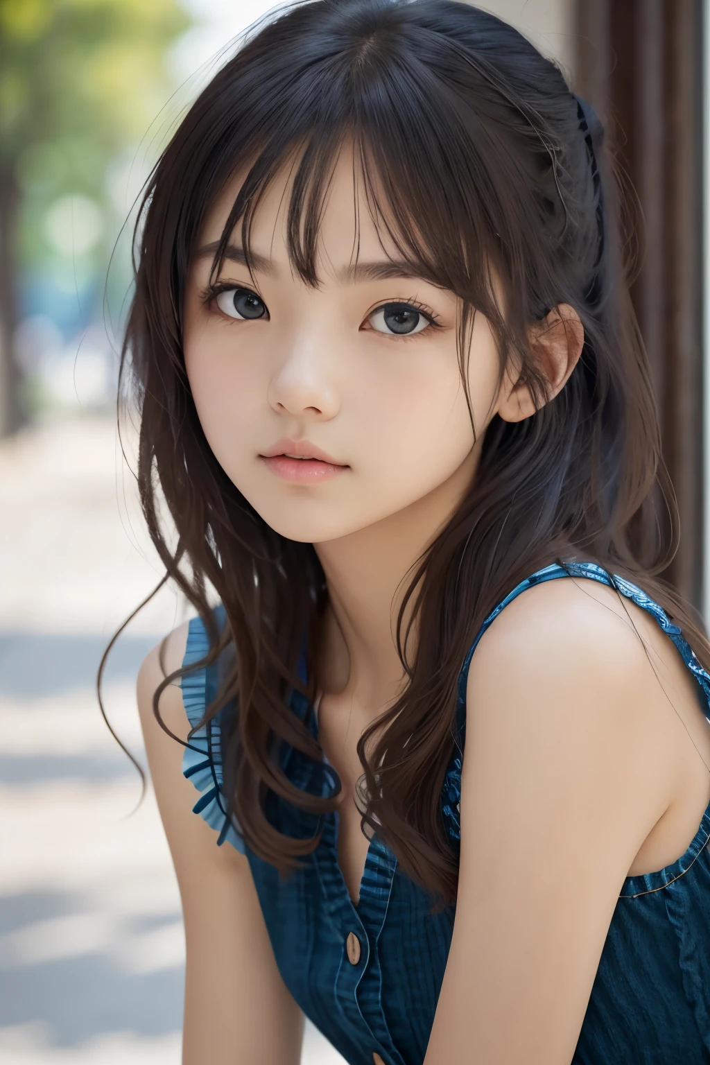 masterpiece, best quality, raw photo, absurdres, award winning portrait, solo, beautiful girl, 18yo, 8k, looking at viewer, DSLR, rich color, natural, candid, white elegance eyelet ruffle sleeveless shirt, sophisticated, youthful, (thin arms, high detailed skin:1.2), cute face, soft lighting, high quality, film grain, chromatic aberration, bluish black eyes