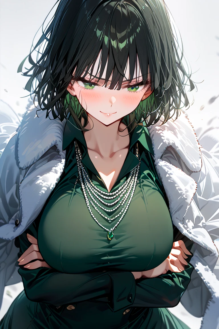 Fubuki is squatting by spreading legs, wearing a purple panty, navel piercing, masterpiece, absurdres, fubuki\(one punch man\), 1girl, solo,mature female, green bra and green panty , perfect composition, detailed lips, big breast, beautiful face, body propotion, blush, (pink lips), detailed eyes, soft gaze, super realistic, detailed, photoshoot, green landscape , green plants, flowers, big breasts, sexy girl, hot, huge breasts