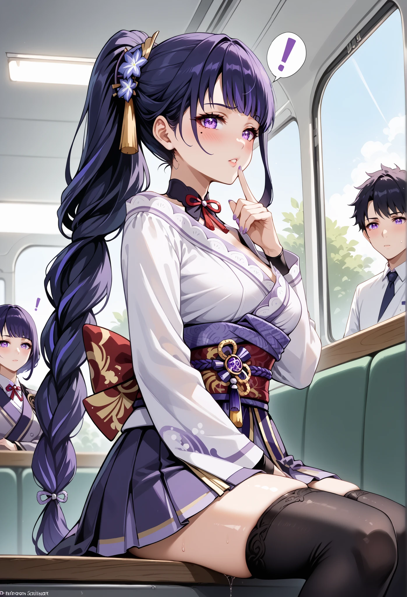 score_9, score_8_up, score_7_up, source_anime, 4K,perfect fingers,(perfect hands, perfect anatomy),prefect lighting, very aesthetic, intricate details,highly detailed background, masterpiece, high quality, best quality,
raidenshogun, raiden shogun, ((ponytail hair:1.5)), hair flower, hair ornament, long hair, mole, mole under eye, purple eyes, purple flower, purple hair, large breasts,,
wearing ((skirt, )),,
A sagging breast, stealth masturbation, inside bus, from below, (crowd:0.8), sitting, under skirt, embarrased, looking away, dildomasturbation, female masturbation, object insertion, vaginal object insertion, dildo grab, knee, looking at viewer, thighhights, shushing, exclamation mark, finger to mouth, pussy juice,