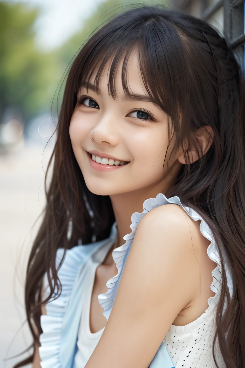 masterpiece, best quality, raw photo, absurdres, award winning portrait, solo, beautiful girl, 18yo, 8k, looking at viewer, DSLR, rich color, natural, candid, white elegance eyelet ruffle sleeveless shirt, sophisticated, youthful, (thin arms, high detailed skin:1.2), cute face, soft lighting, high quality, film grain, chromatic aberration, bluish black eyes, smile