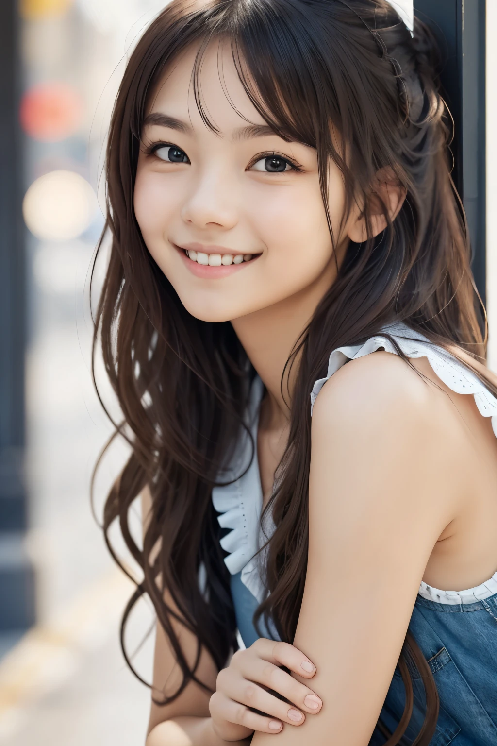 masterpiece, best quality, raw photo, absurdres, award winning portrait, solo, beautiful girl, 18yo, 8k, looking at viewer, DSLR, rich color, natural, candid, white elegance eyelet ruffle sleeveless shirt, sophisticated, youthful, (thin arms, high detailed skin:1.2), cute face, soft lighting, high quality, film grain, chromatic aberration, bluish black eyes, smile