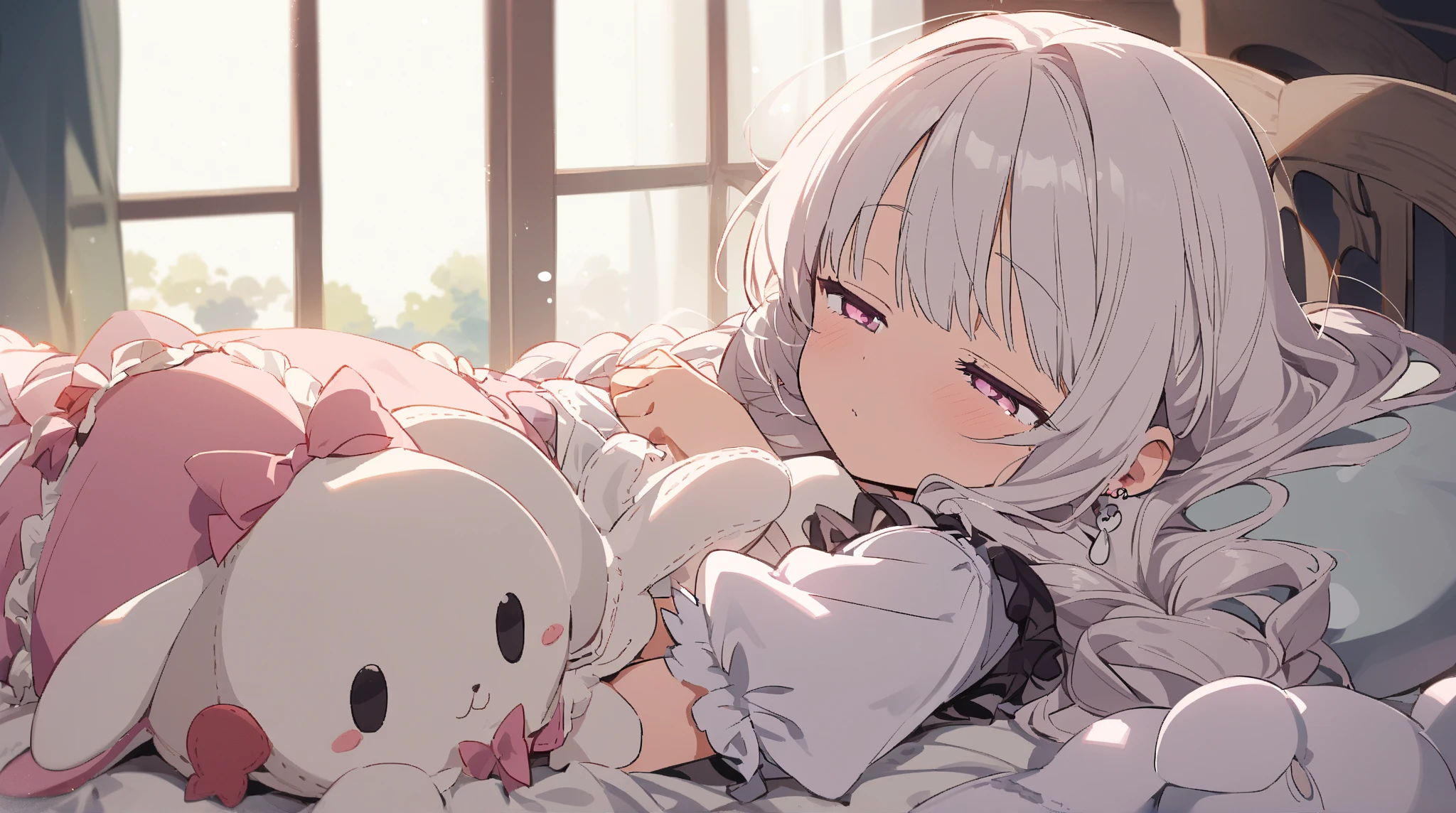 a cute anime kawaii girl lying in bed,holding a white bunny doll in her hand, alone, Pillow, angel,1 Girl, Light pink eyes, White hair, very long low double ponytail,twist braid,Light pink eyes,白色睫毛 long hair, animal earrings, stuffed toy , skirt, big plush rabbit, dreamy cute skirt, plush toy, frills, Sleepy, White hair, Short sleeve, Wrist sleeve, bangs, long hair, puffy Short sleeve, lie, puffy sleeves, Want to know, half-closed eyes, Shut up, cute anime style, soft gothic