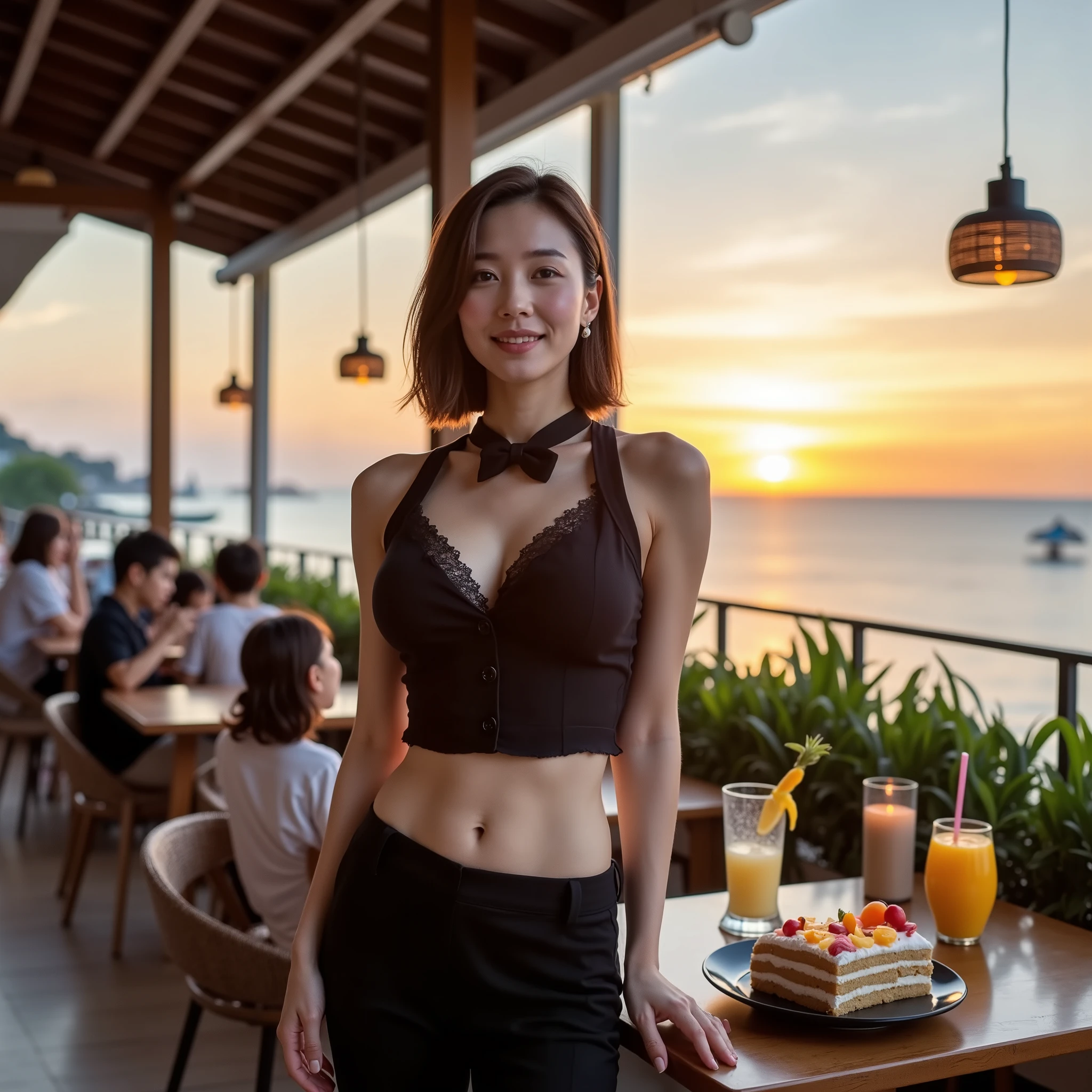 『1 Japanese girl:1.3』『Real Photos:1.3』Best Quality:1.aggy big breasts、Slender figure ))、A little cleavage is visible、(( 40 year old woman))、Beautifully shaped belly button 、I'm not wearing makeup『showing teeth:1.9』、(((anatomically correct、perfect anatomy、anatomically correct指)))、realistic, Best Quality, Ultra High Definition, RAW photo, (Narrow waist)、slouches forward、documentary photos 、 Super Real 、 photorealistic 、 dramatic scene 、 shadow 、 global illumination 、 solo 、 (A girl of a famous Japanese idol's age:1. ) 、 very beautiful Japanese girl 、 Very cute but very beautiful with a boyish and cool face 、 Delinquent Girl 、 (very large breasts) 、 thin waist 、 short bob hair 、 (She is a waitress at a terrace cafe decorated in a trendy tropical style) 、 (A black vest and pants with a frilly shirt 、 Wearing a bow tie) 、 Stylish tables and chairs、Other furniture 、 A nice view of the ocean on a resort island at sunset 、 Candles 、 Tropical flowers and plants 、 A small boat and a windsurfer 、 A tray of tropical juices and a cake with fruit 、 slight smile 、 The cafe is crowded with kindergarten ren 。
