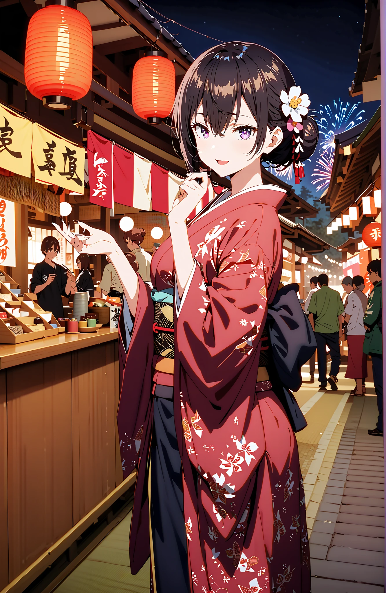 yuki suou, bungs, brown hair, black hair with a young pattern,side lock, smile,cover,open your mouth,single bun hair,Nape, o, purple eyes,flower hair ornament,Black flower pattern kimono,Light up fireworks,Japanese stalls ,night,Red Lantern,standing,full bodyがイラストに入るように,break outdoors, Japanese Festival,
break looking at viewer,full body,
break (masterpiece:1.2),Best Quality ,Kampala,unity 8k 壁紙,(shape:0.8),( fine and beautiful eyes :1.6),It's a person ,full body写真,CG Details , (perfect hand,complete anatomy),