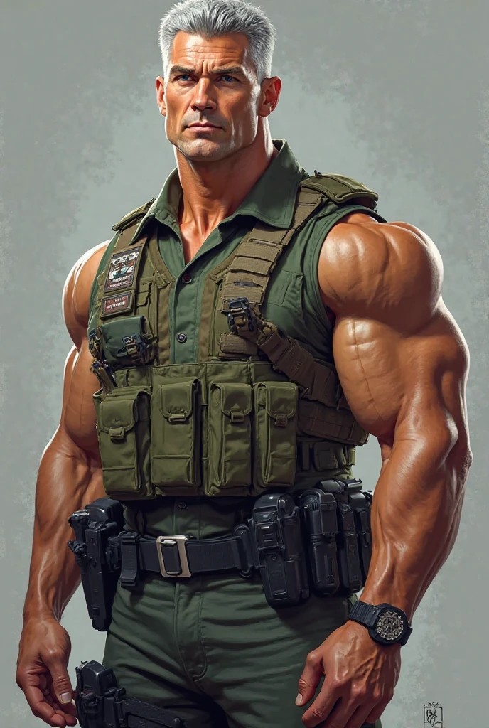 A handsome commondo (body Builder) age of 20 years old and he has a gun on his hands his pant is black with bomb