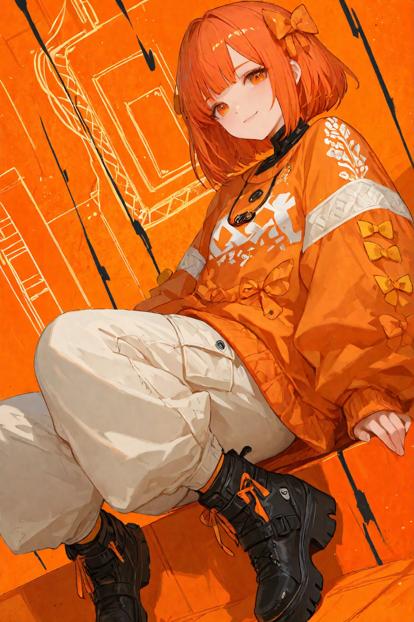 (masterpiece, best quality),solo,sherryg,a girl,pink orange bob hair,big warm orange eyes,gentle smile,wearing cool stylish clothes,orange fluffy shirt with white patterns,tiny long pants,nikkapokka style,black laser boots with orange bows,cute background,Dutch angle,intricate art work,detailed illustration,hand written sketch,HDR,8k