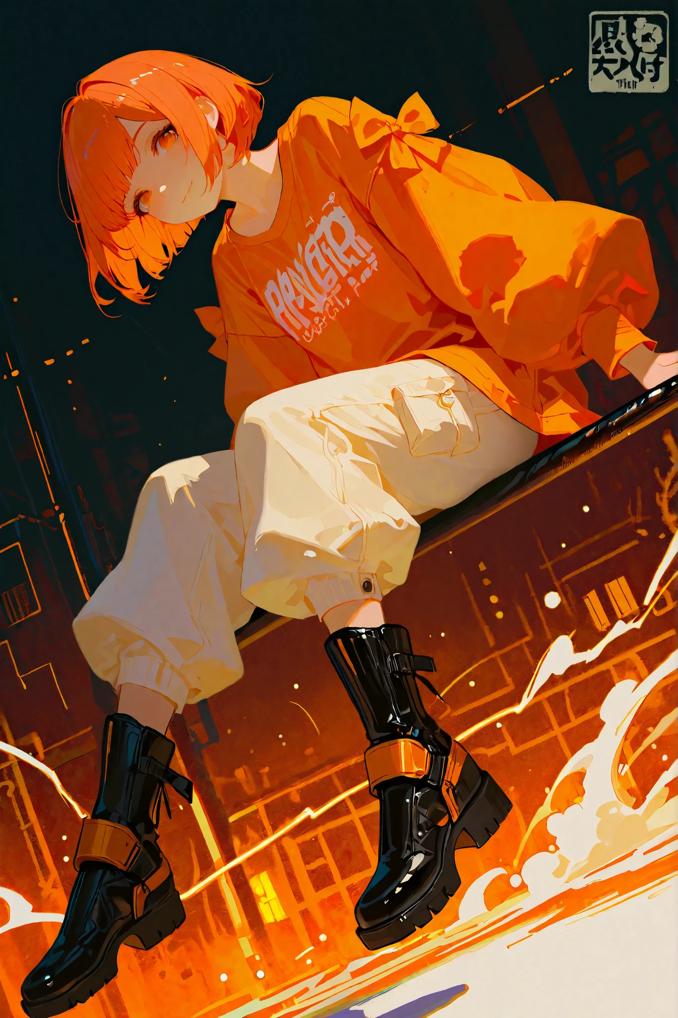 (masterpiece, best quality),(pop poster style),solo,sherryg,a girl riding on swings,pink orange bob hair,big warm orange eyes,gentle smile,wearing cool stylish clothes,orange fluffy shirt with white patterns,tiny long pants,nikkapokka style,black laser boots with orange bows,cute background,Dutch angle,intricate art work,detailed illustration,hand written sketch,HDR,8k
