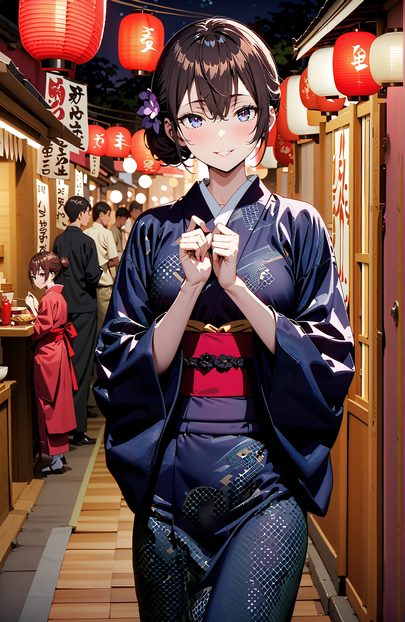 yuki suou, bungs, brown hair, black hair with a young pattern,side lock, smile,cover,open your mouth,single bun hair,Nape, o, purple eyes,flower hair ornament,Black flower pattern kimono,Light up fireworks,Japanese stalls ,night,Red Lantern,standing,full bodyがイラストに入るように,break outdoors, Japanese Festival,
break looking at viewer,full body,
break (masterpiece:1.2),Best Quality ,Kampala,unity 8k 壁紙,(shape:0.8),( fine and beautiful eyes :1.6),It's a person ,full body写真,CG Details , (perfect hand,complete anatomy),