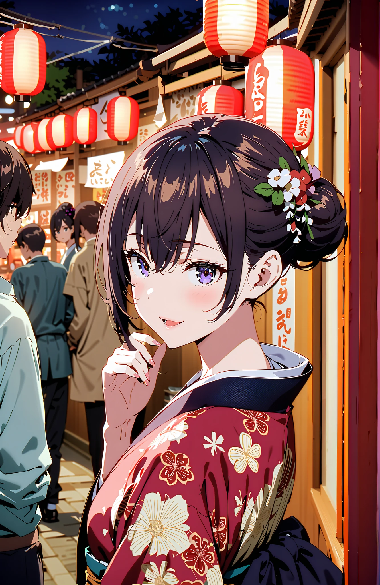 yuki suou, bungs, brown hair, black hair with a young pattern,side lock, smile,cover,open your mouth,single bun hair,Nape, o, purple eyes,flower hair ornament,Black flower pattern kimono,Light up fireworks,Japanese stalls ,night,Red Lantern,standing,full bodyがイラストに入るように,break outdoors, Japanese Festival,
break looking at viewer,full body,
break (masterpiece:1.2),Best Quality ,Kampala,unity 8k 壁紙,(shape:0.8),( fine and beautiful eyes :1.6),It's a person ,full body写真,CG Details , (perfect hand,complete anatomy),