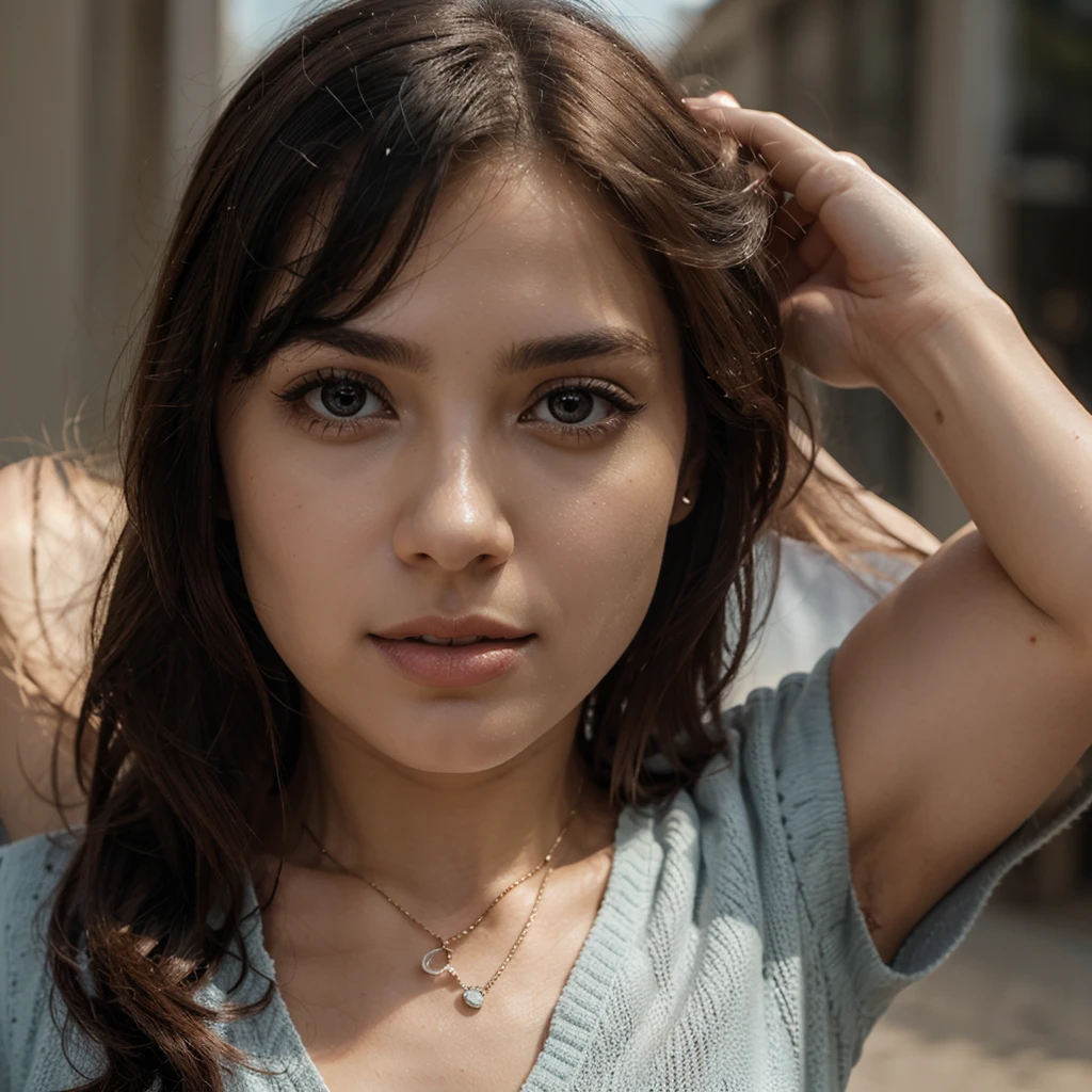 (exuberant, confiante: 1.1) Mulher, olhos expressivos, cabelo solto no rosto, franja lateral, shorts, camisa, principal, full camera, (melhor qualidade, high resolution: 1.2), ultra-detalhado, (Realista: 1, 37), vibrant cores, Lighting (Macio, esquentar), estilo (retrato, moda, fotografia).