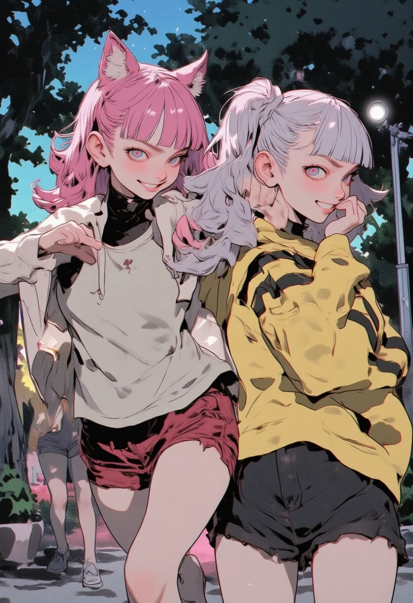 Anime style,shota,pink long hair,denim shorts,long pantyhose,beaming face,spread legs,♥