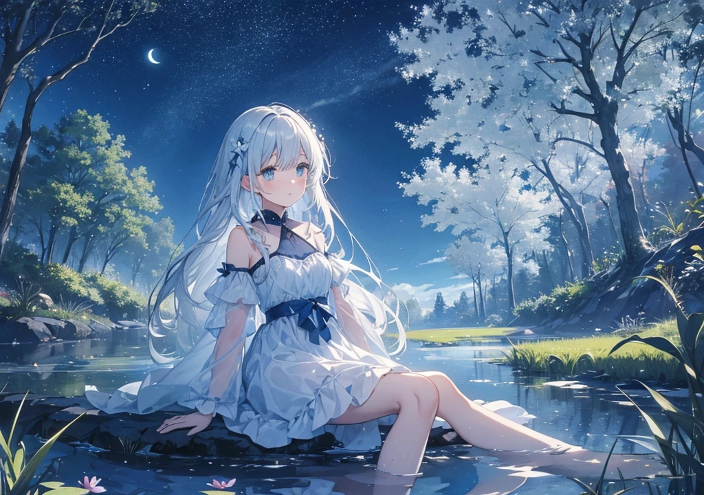 (1girl, silver hair, long hair, blue eyes, white sundress, angel wings, cute, kawaii), (sitting in a forest, fantasy forest, blue moon, clear stream, glowing blue color)