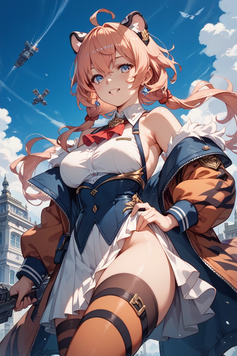 anime (Hundred), lady , sexy (very big boobs), actress (Claire Harvey) , blonde / yellow long hair to hip / past hip length , blue eyes,
Red armor suit,Shoulder mounted cannon , tie, stockings, twintails, twin drills, curly hair, garter belt, earrings, boots, v bangs , She flies into the sky above the island of technology.