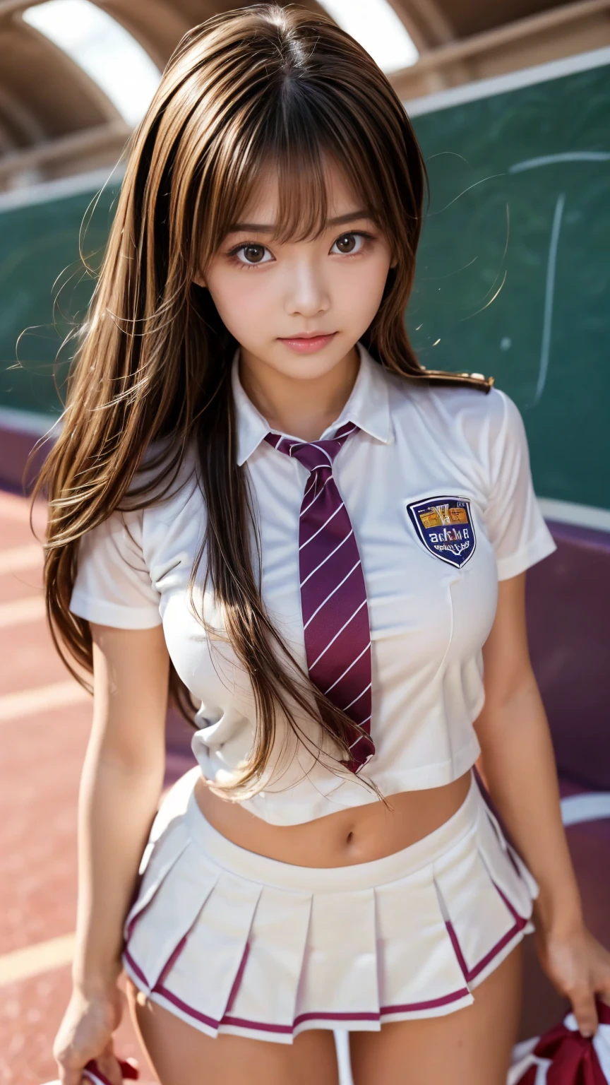 Uma garota japonesa com seios enormes e sexy no uniforme da escola em uma sala de aula, Athletic body