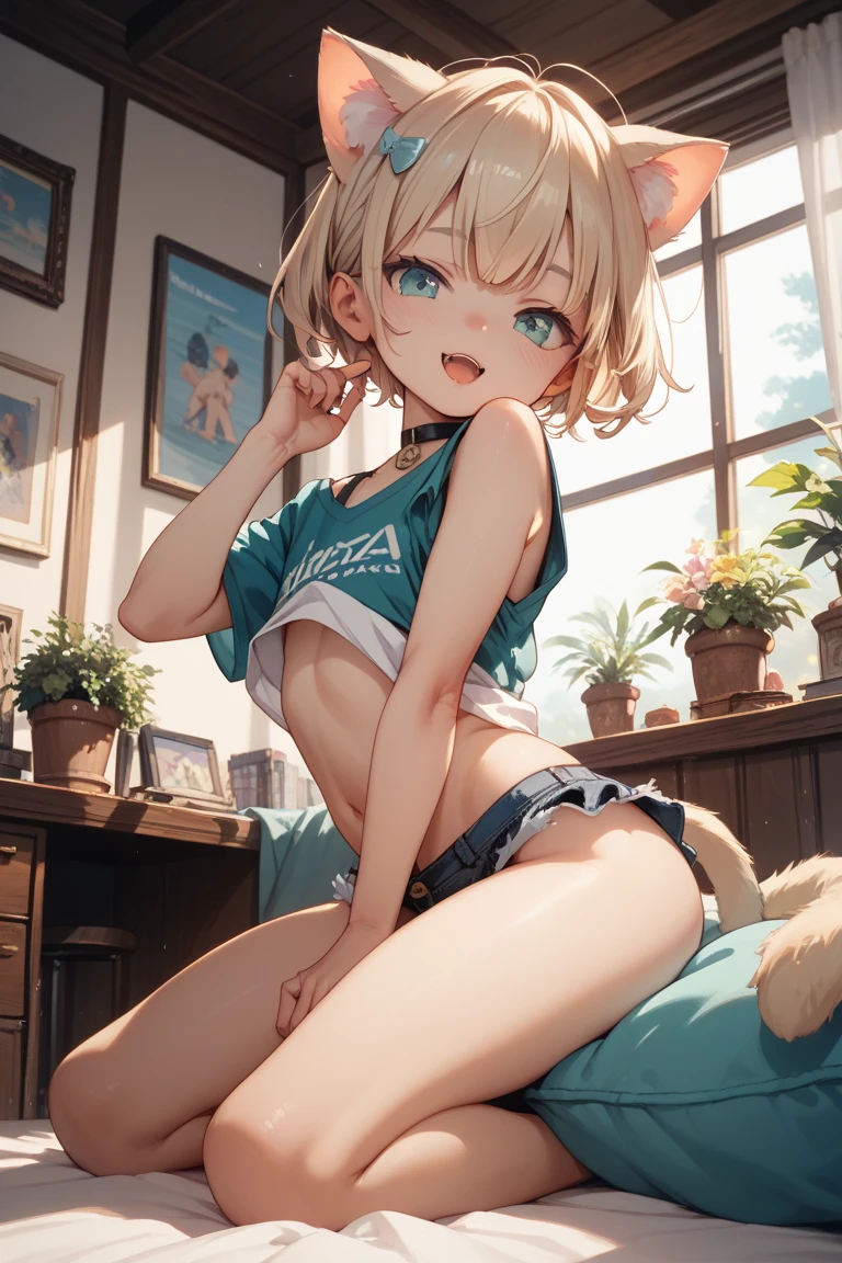(ultra realistic, girl, short blonde hair , angry smile , sadic , headphones, sitting, slumped in an armchair, in a futuristic cabin, surrounded by monitors, and olographic screens , view from above, yelow lights, flat chest, pre-adolescent. She looks with smug , bra , mini-skirt, visible panties. open legs