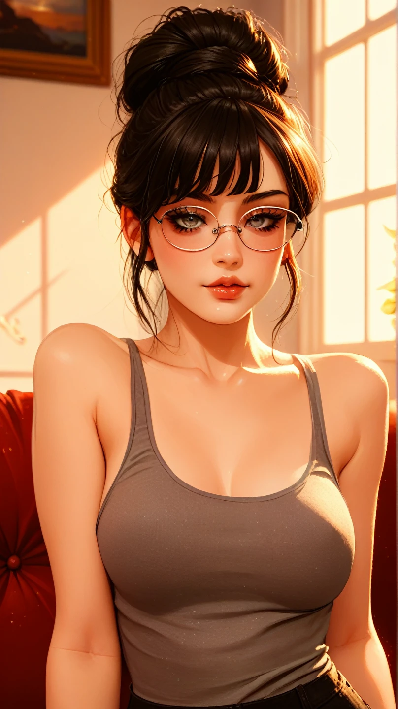 (masterpiece, best quality), 1girl, solo, brown hair, curly hair, large breasts, pale skin, sitting, upper body, looking at viewer, elbow rest, parted lips, seductive smile, sexually suggestive, cleavage, mascara, necklace, bangle, earrings, teacher, milf, 36 year old mature woman, slender woman, tshirt, teacher, tight jeans, classroom, white boardhair tied back in loose ponytail, tiny , leaning over desk, eyes half closed, tanktop, squiting, arms extended outward, about to kiss viewer, leaning forward on students desk, hard nipples poking through shirt, dark sunglasses, wearing extremely dark sunglasses