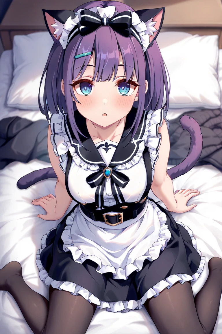 Maid, huge tits, tangled hair, wearing maid suit, long big dragon tail, red eyes, kneel down in the bed room