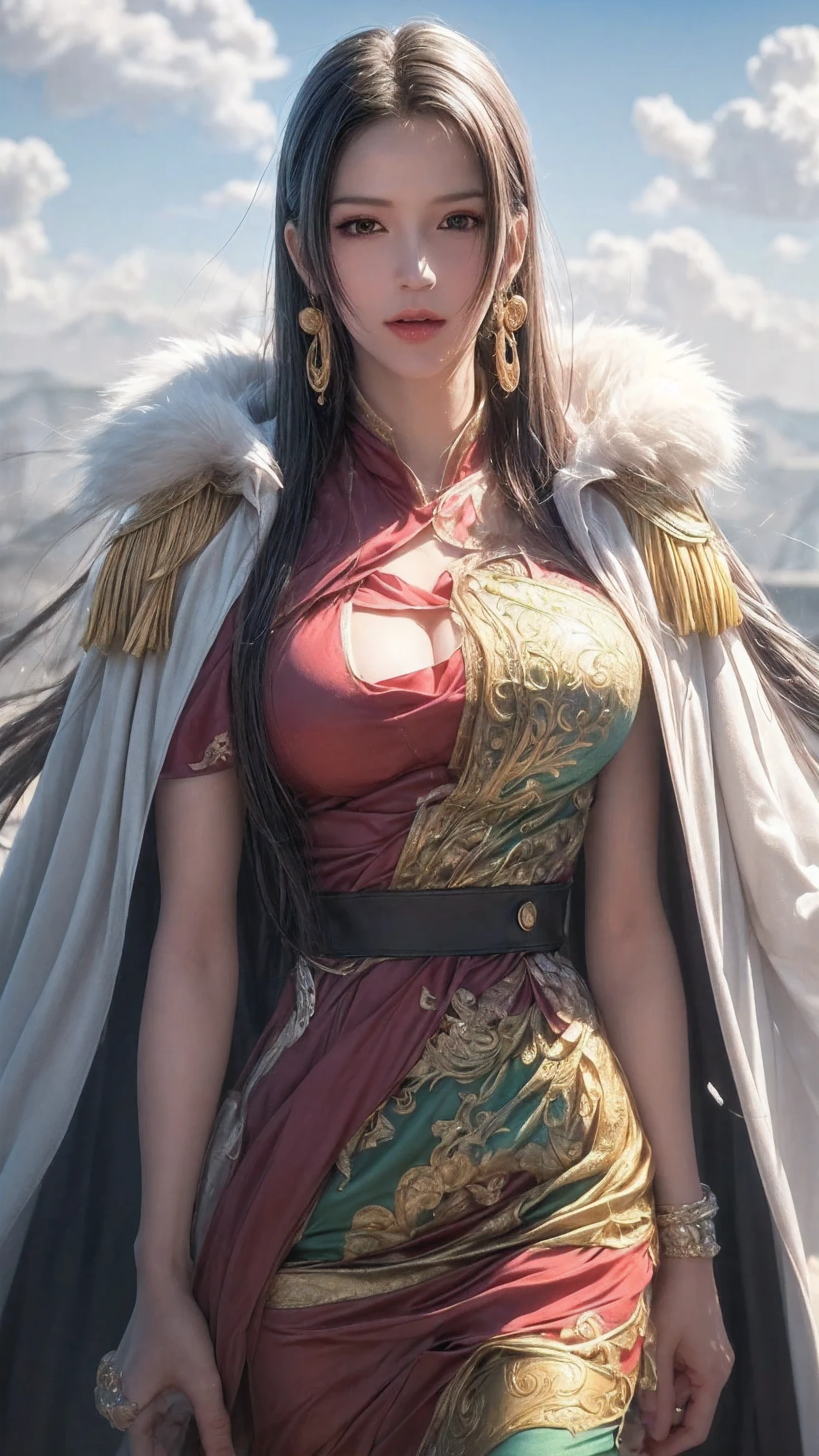 (masterpiece, top quality, top quality, official art, beautiful and aesthetic: 1.2), ultra-detailed complex 3D rendering of face, (big breasts: 6.8), white crop top: 1.4, perfect figure: 1.4, slim abs: 1.1, (1 girl), (warrior queen red armor, fur-lined cape, jeweled crown: 1.2), serious, cleavage, gray hair, white skin