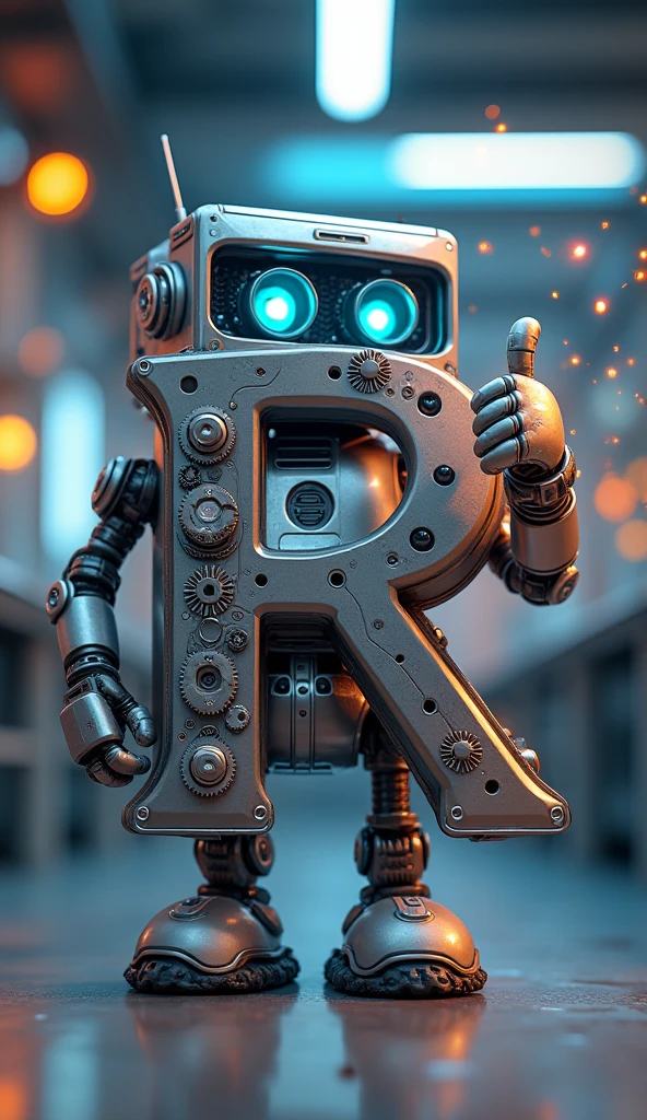 A shiny silver "R" with gears turning inside. A fun, boxy robot character gives a thumbs-up and shoots sparkles from its arms. Futuristic lab background with blinking lights.