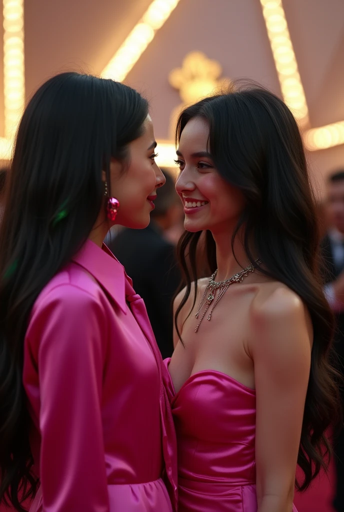 "One is never over-dressed or under-dressed with a Little Black Dress". beautiful petite fashion models chatting at a party. laughing, candid.