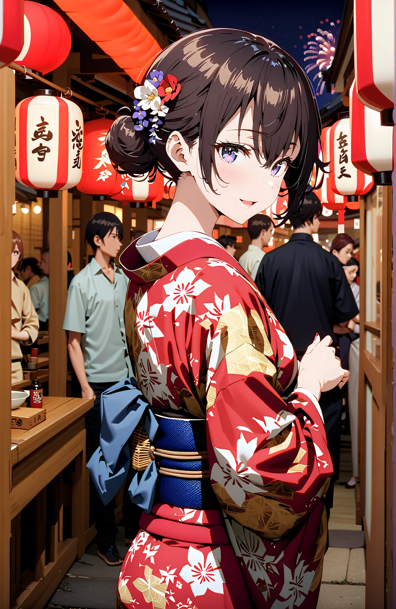 yuki suou, bungs, brown hair, black hair with a young pattern,side lock, smile,cover,open your mouth,single bun hair,Nape, o, purple eyes,flower hair ornament,Black flower pattern kimono,Light up fireworks,Japanese stalls ,night,Red Lantern,standing,full bodyがイラストに入るように,break outdoors, Japanese Festival,
break looking at viewer,full body,
break (masterpiece:1.2),Best Quality ,Kampala,unity 8k 壁紙,(shape:0.8),( fine and beautiful eyes :1.6),It's a person ,full body写真,CG Details , (perfect hand,complete anatomy),