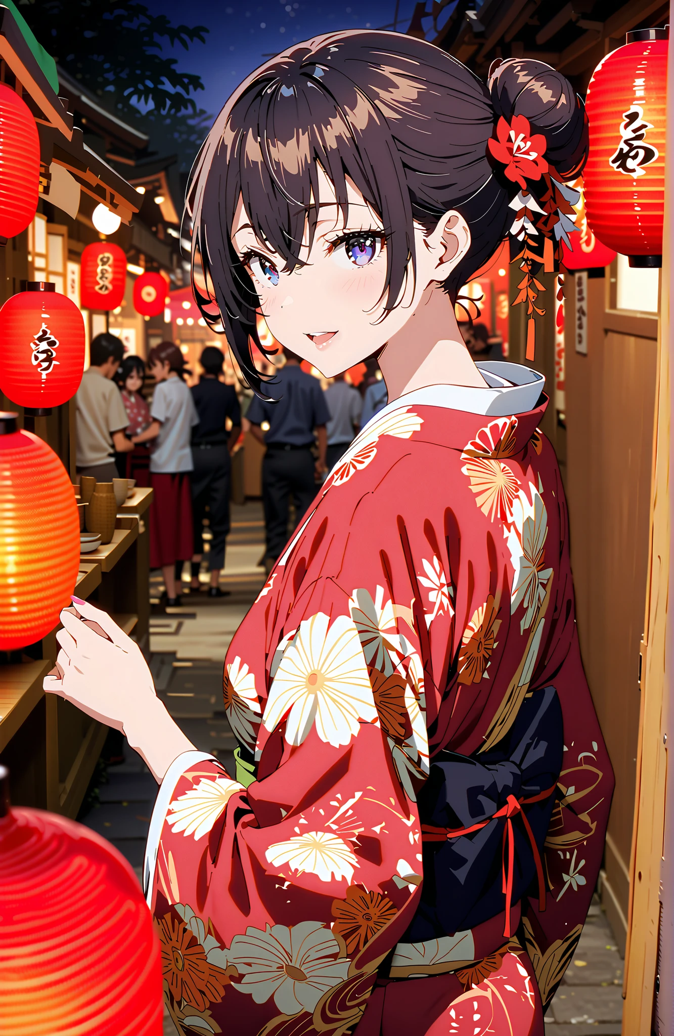 yuki suou, bungs, brown hair, black hair with a young pattern,side lock, smile,cover,open your mouth,single bun hair,Nape, o, purple eyes,flower hair ornament,Black flower pattern kimono,Light up fireworks,Japanese stalls ,night,Red Lantern,standing,full bodyがイラストに入るように,break outdoors, Japanese Festival,
break looking at viewer,full body,
break (masterpiece:1.2),Best Quality ,Kampala,unity 8k 壁紙,(shape:0.8),( fine and beautiful eyes :1.6),It's a person ,full body写真,CG Details , (perfect hand,complete anatomy),