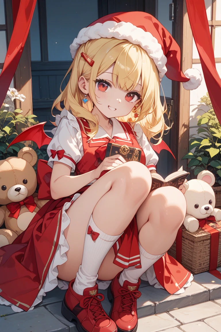best qualityer, 超高分辨率, 1girll, 独奏, Flemish scarlet, White soft cap, Red Hat bow, blone hair, side ponytails, red eyes, shinning eyes, fang, red tank top, short- sleeved, Fluffy sleeves, Yellow Ascot, Red frilled skirt, (crystal wings:1.2), bobby socks, Mary Janes, redfootwear, laughingly, ((Shy and cute smile)), looking at viewert, facingfront, The upper part of the body, sportrait,超高分辨率,Best quality white stockings,Lace socks,Burpee socks,over knee socks,Exudes a cute and shy atmosphere,4k