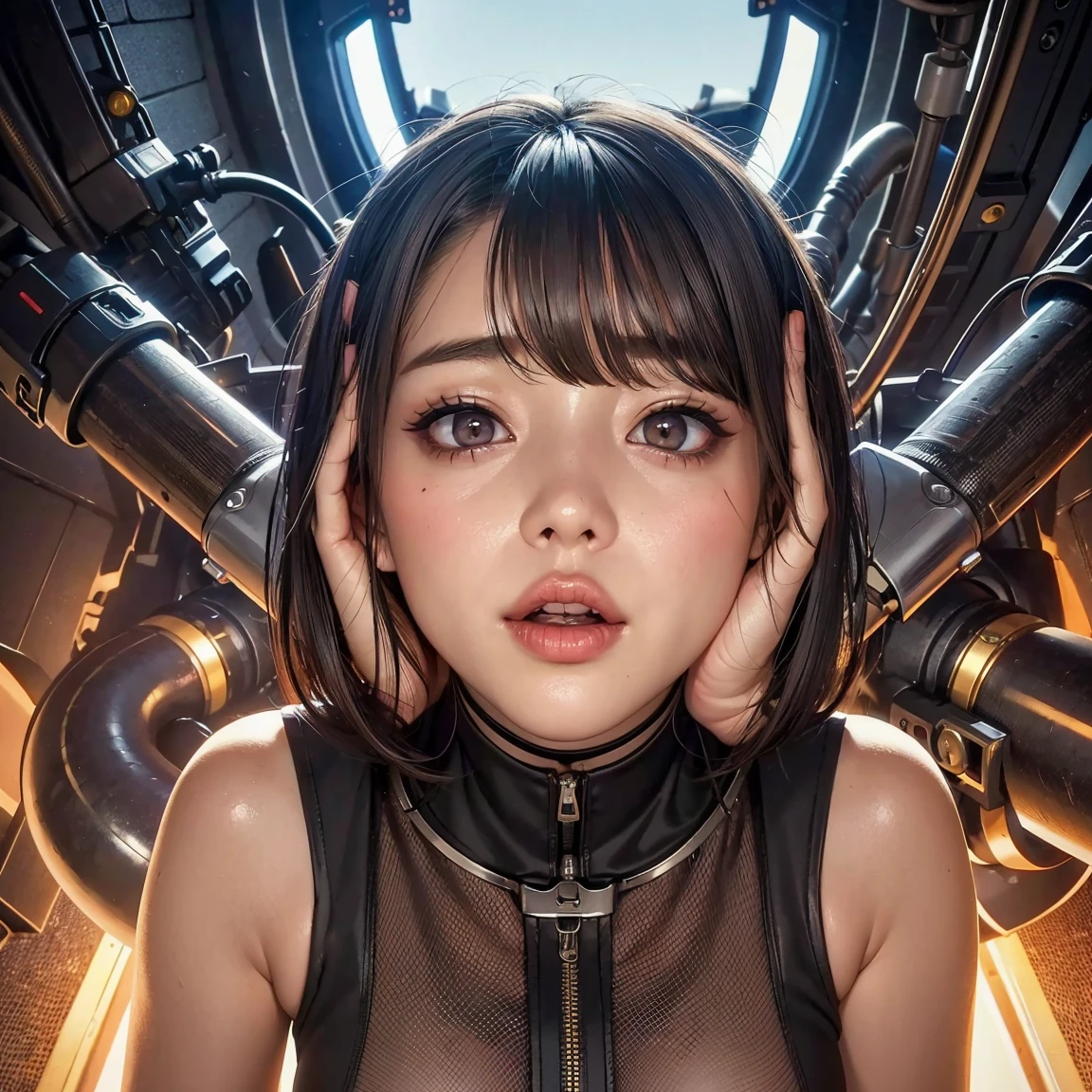 cute award-winning photography by (John Willhelm:1.5) of a 40 year old ( japanese woman:1.2) looking like Elija Wood(battling monsters designed by H. R. Giger :1.4),  natural color lips, dynamic pose, shot with fisheye lense, extra wide angle of view, view from below,